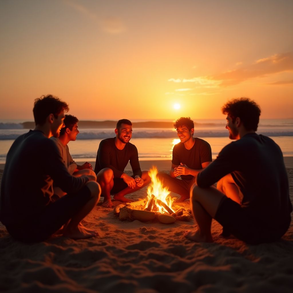 Group of surfers around a campfire on the beach at dusk