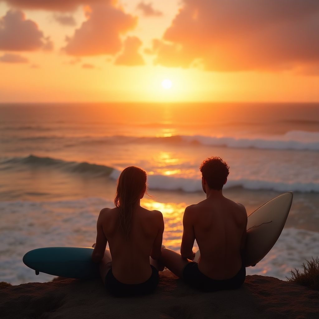 Two friends looking out at the ocean with surfboards at sunrise